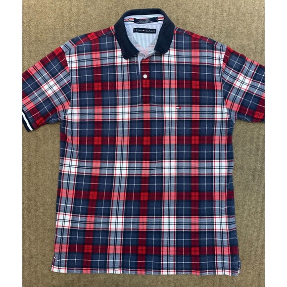 Vintage Tommy Hilfiger Shirt Mens M Plaid Short Sleeve Polo 90s Preppy Knit - Picture 1 of 6